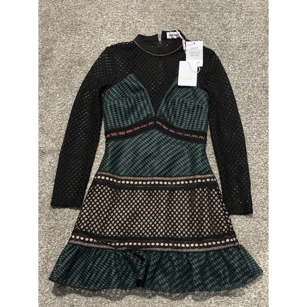 Self Portrait Mini Dress Size US 2 UK 6‎ XS Forest Green Mesh Tulle Paneled